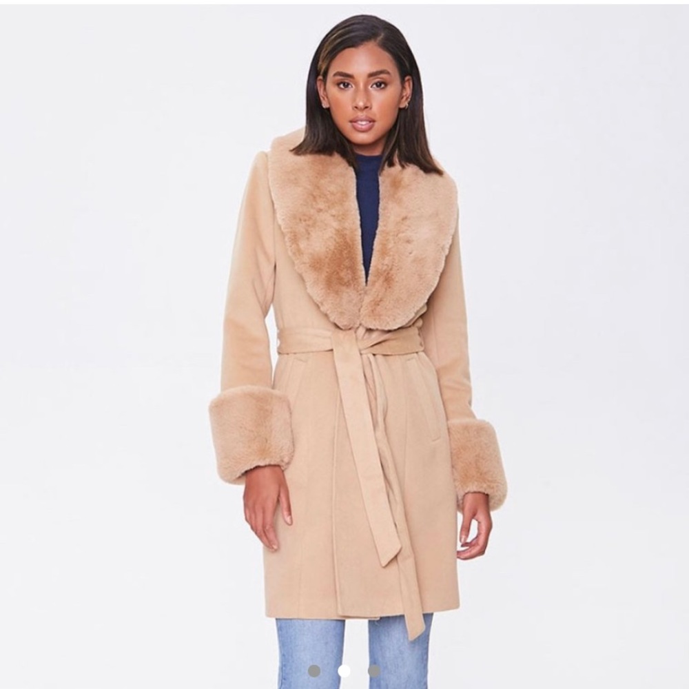 Faux Fur Trim Wrap Coat